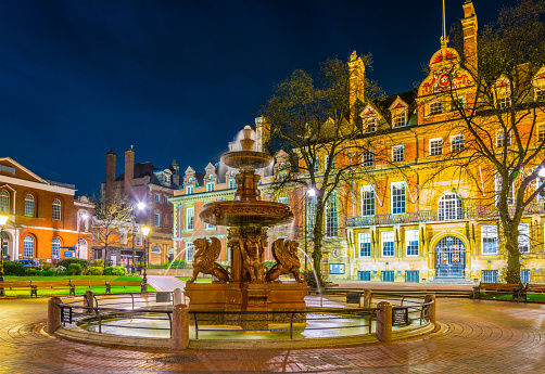 Night view of town hall in Leicester, England