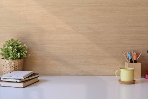 Stylish workspace office supplies and copy space