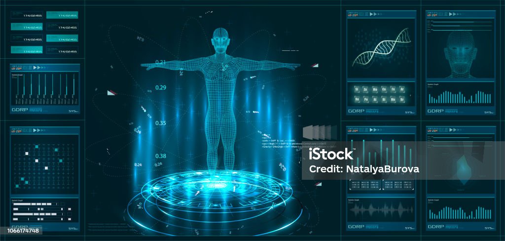 Hud 要素 ui 診察。仮想インターフェイス要素のセットを表示します。モダンな診察 HUD スタイル - ヘルスケアと医療のロイヤリティフリーベクトルアート