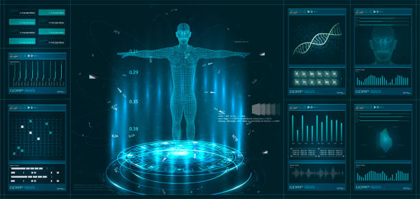 ilustrações, clipart, desenhos animados e ícones de hud elemento ui exame médico. exibir o conjunto de elementos de interface virtual. exame médico moderno estilo de hud - digitalizador flat bed