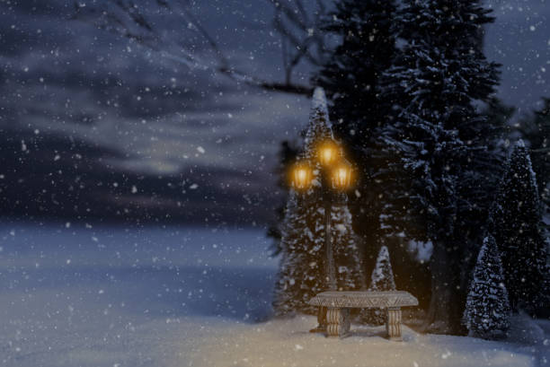 snowing winter landscape with bench and lamp post in the evening time