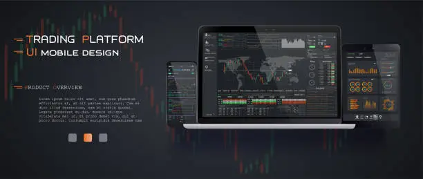 Vector illustration of Market trade. Binary option. Trading platform, account. Press Call and Win transaction. Money Making, business. Market analysis. Investing. Screen of user interface for phone, laptop, tablet