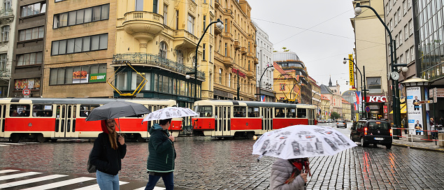 Praha, Czech republic - October 28, 2018: old historical tram and people people with umbrellas in Narodni street in day of centenary of the founding of the Czechoslovakia