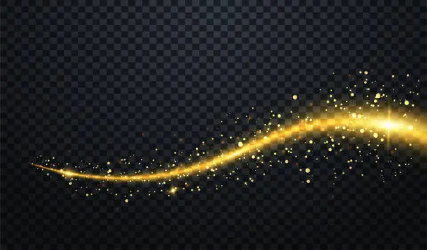 Vector illustration of Golden particles wave or comet trail wave with sparkling light effect on vector transparent background