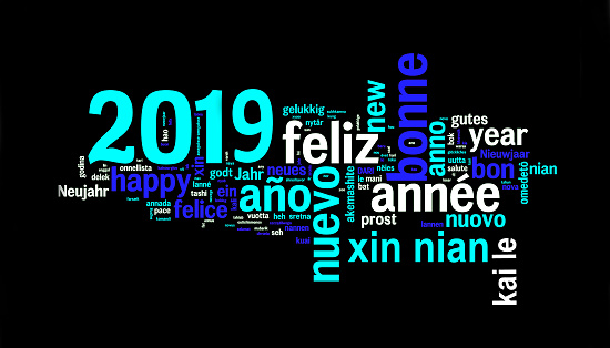 2019 greeting card on black background, new year translated in many languages