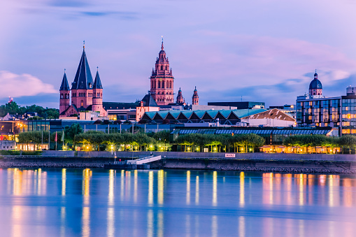 cityscape of Mainz in the blue hour with Mainzer Dom