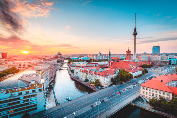 istock Berlin skyline with Spree river at sunset, Germany 1066192112