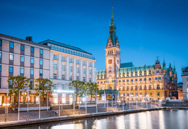 istock Hamburg skyline with city hall at twilight, Germany 1066192668