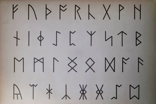 Close-up on Anglo-Saxon runes printed on paper.