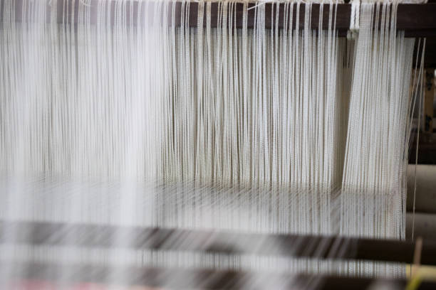 istock Closed up of loom with white thread background 1066195002