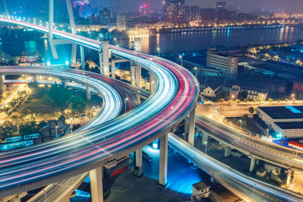 istock Scenic view on famous highway interchange in Shanghai, China at night. 1066197762