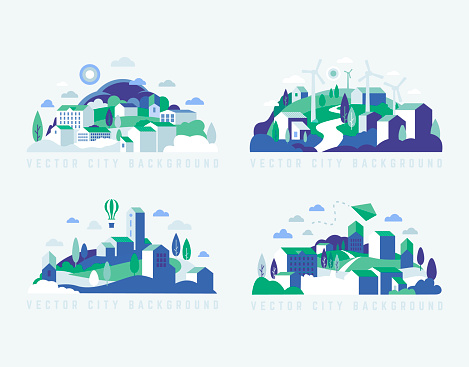 City landscape with buildings, hills and trees. Abstract background of landscape in half-round composition for banners, covers. City with windmills