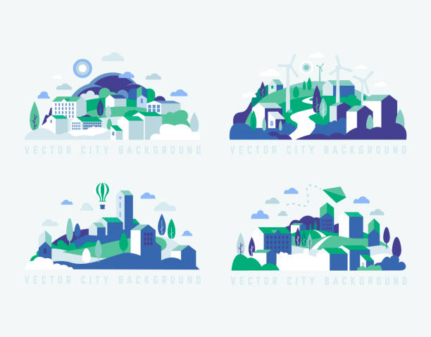 City landscape with buildings, hills and trees. Vector illustration in minimal geometric flat style. City landscape with buildings, hills and trees. Abstract background of landscape in half-round composition for banners, covers. City with windmills city stock illustrations