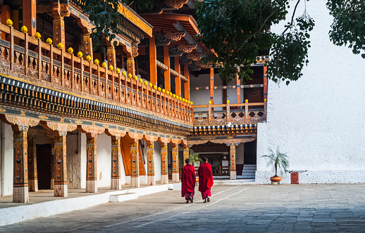 Punakha/Bhutan - February 29, 2016: two Buddhist monks in red traditional clothes are walking  with their backs to the photographer around the yard at Punakha Dzong, Bhutan