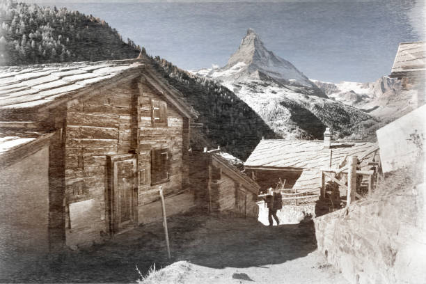 アルプスの村の古い写真 - european alps mountain mountain peak rock ストックフォトと画像