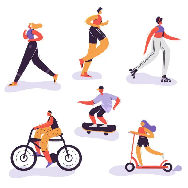 Vector illustration of Active People Exercising. Outdoor Activities Running Woman, Girl Riding Bicycle, Man Run Marathon. Characters Doing Sportive Exercises. Vector illustration