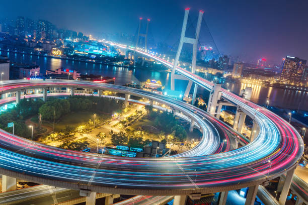 istock Scenic view on famous bridge in Shanghai, China at night 1066215628