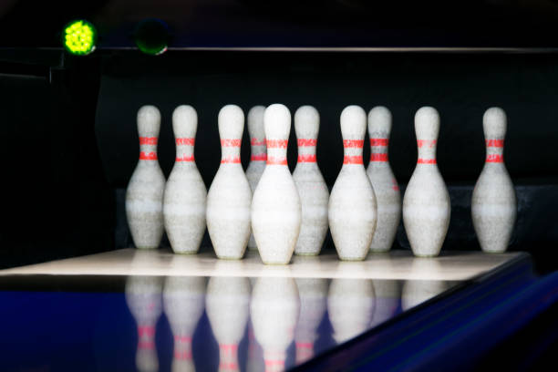 istock Ten pin bowling alley background,  night light 1066216876