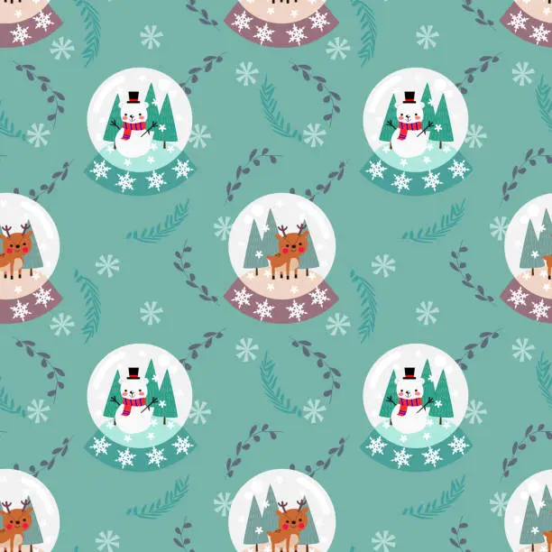 Vector illustration of Cute snowman and reindeer in glass ball.