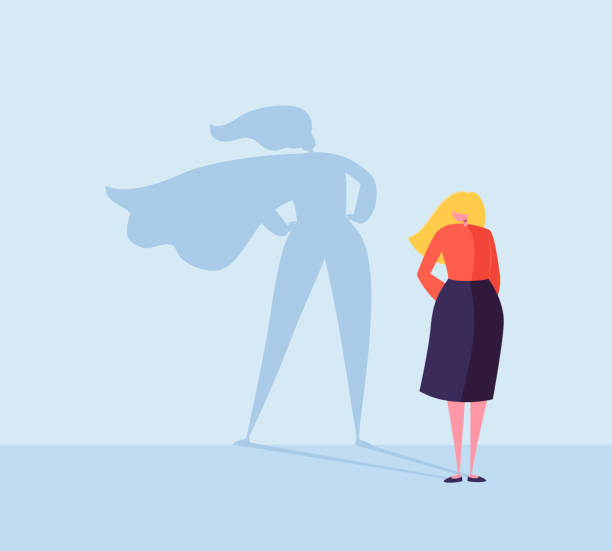 Business Woman with a Super Hero Shadow. Female Character with Cape Silhouette. Businesswoman Leadership Motivation Concept. Vector illustration Business Woman with a Super Hero Shadow. Female Character with Cape Silhouette. Businesswoman Leadership Motivation Concept. Vector illustration superhero illustrations stock illustrations