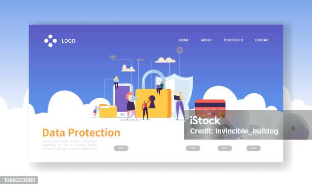 Network Security Landing Page Data Protection Banner With Flat People Characters And Digital Data Secure Website Template Easy Edit And Customize Vector Illustration Stock Illustration - Download Image Now