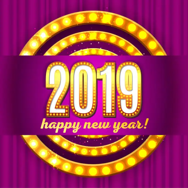 Vector illustration of 2019 happy new year party purple Invitation merry christmas poster banner and card design template. Happy holiday and new year vegas style light bulb frame theme concept. In the retro cinematic style