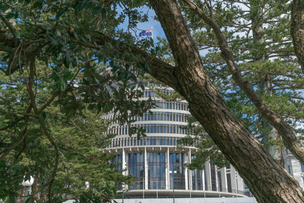 New Zealand Government buildings New Zealand government administration building known a The Beehive and flag viewed through trees in surrounding garden. beehive new zealand stock pictures, royalty-free photos & images