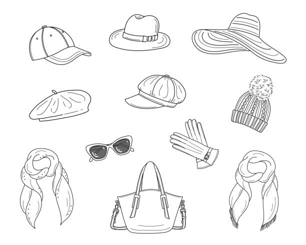 Hats collection, vector sketch illustration. Hats collection, vector sketch illustration. Different types of hats, cap, panama, French beret, knitted winter hat, floppy beach  hat, newsboy cap isolated on white background. beret stock illustrations