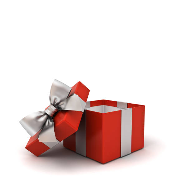 istock Open red gift box or blank present box with silver ribbon bow isolated on white background with shadows 3D rendering 1066234066