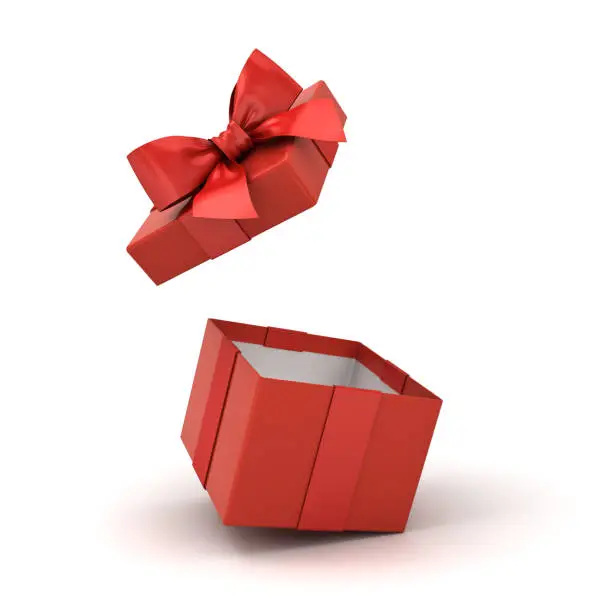 Open red gift box or blank present box with red ribbon bow isolated on white background with reflections and shadows 3D rendering