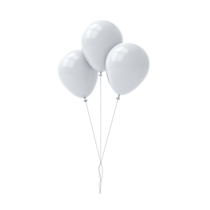 Bunch of white glossy balloons isolated over white background with window reflections 3D rendering