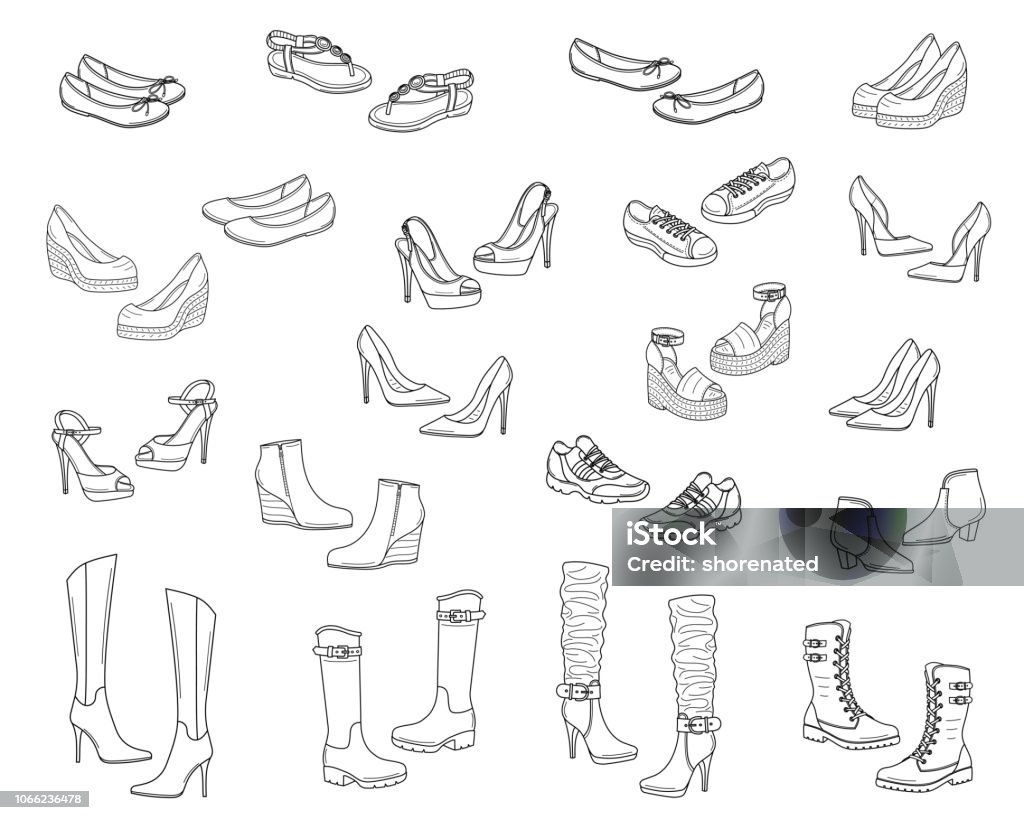 Women shoes collection, vector sketch illustration Women shoes collection. Various types of female shoes boots, stilettos, wedges, sandals, sneakers, flats, vector sketch illustration, isolated on white background. Shoe stock vector