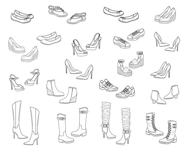 Women shoes collection, vector sketch illustration Women shoes collection. Various types of female shoes boots, stilettos, wedges, sandals, sneakers, flats, vector sketch illustration, isolated on white background. doodle stock illustrations