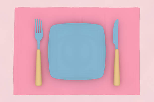 istock Blue Plate, Fork, Knife, Spoon on Pink Background, Flat Lay, Minimal Concept 1066236782