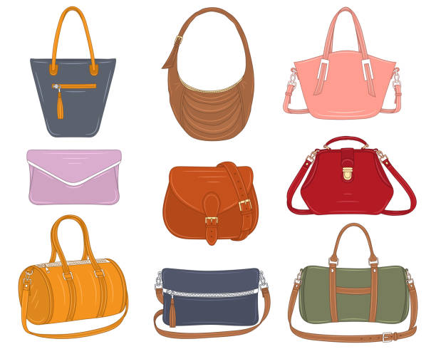 Women fashion handbags collection, vector illustration. Women fashion handbags collection, vector illustration. Different types of stylish bags, satchel, saddle, hobo, doctor, clutch, duffel, tote,barrel isolated on a white background. leather medical bag stock illustrations
