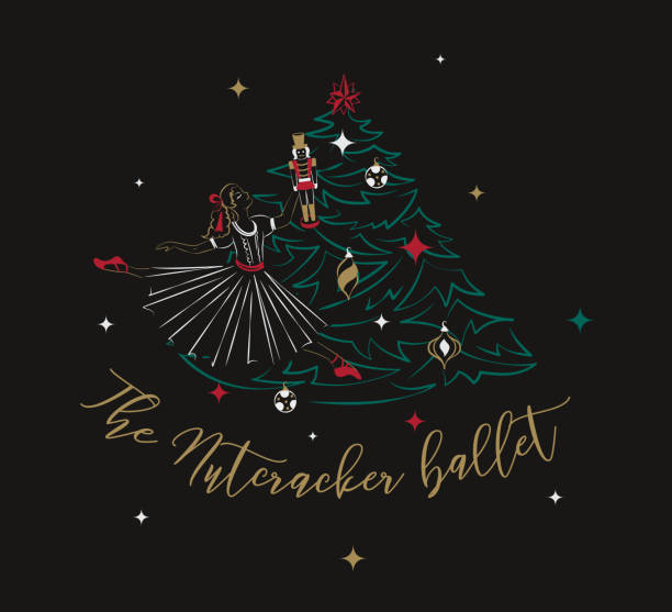 Clara + Nutcracker + the Christmas tree. Ballet poster concept illustration Nutcracker poster concept ballet dancing stock illustrations