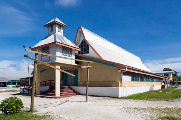 most prominent building on funafuti atoll is fetu ao lima (morning star church) of the church of tuvalu. polynesia, oceania, south pacific ocean. - south pacific ocean island polynesia tropical climate imagens e fotografias de stock