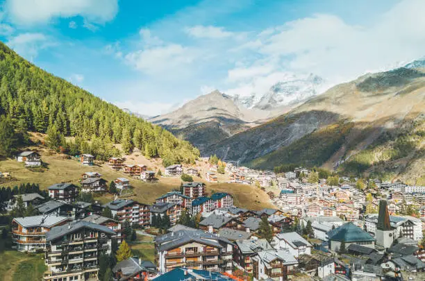 Aerial scenic view of Saas-Fee in Switzerland.