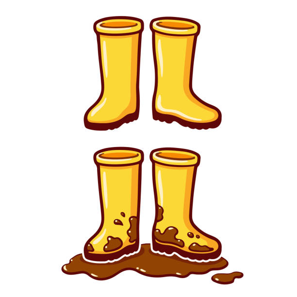 Cartoon yellow rain boots Cartoon yellow rubber rain boots, clean and dirty with mud puddle. Vector clip art illustration. rubber boot stock illustrations