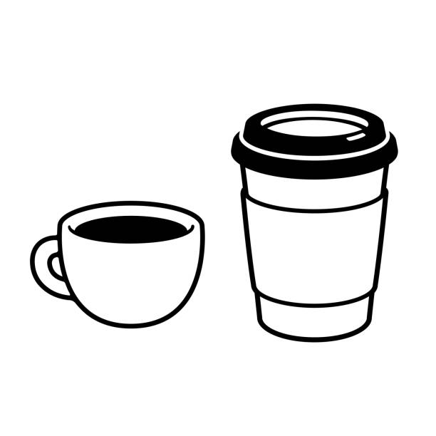 Two coffee cups drawing Coffee cups: espresso mug and disposable paper cup. Simple black and white drawing, isolated vector illustration. coffee cup illustrations stock illustrations