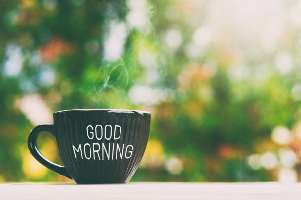 Good morning greeting a cup of coffee Coffee - Drink, Waking up, Breakfast, Morning, outdoors morning stock pictures, royalty-free photos & images