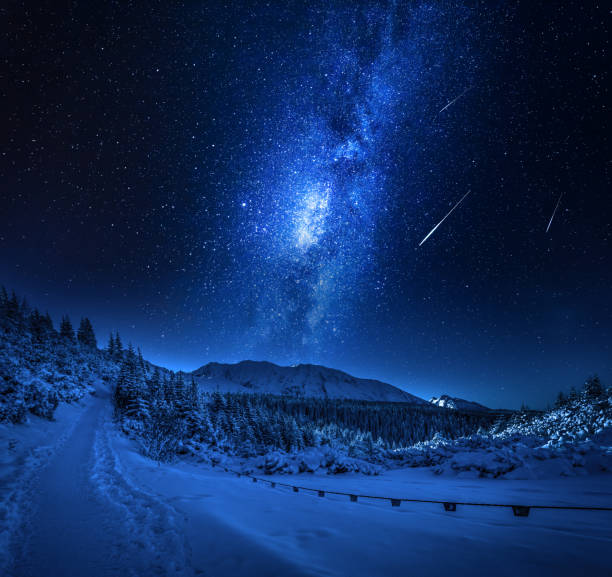 istock Mountain snowy path in winter with milky way, Tatars 1066264572