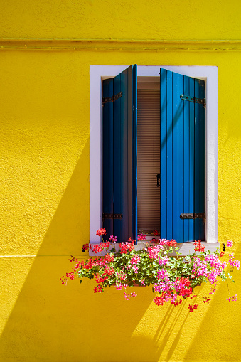 window with shutters, bright yellow facade and flowers