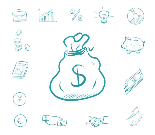 Icon finance set - money bag. Business icons with biggy bank, calculator, charts. Exchange dollars and euros, businessman handshake, idea bulb, arrows Icon finance set - money bag. Business icons with biggy bank, calculator, charts. Exchange dollars and euros, businessman handshake, idea bulb, arrows up and down. Images drawn by hand vector illustration funny contract stock illustrations