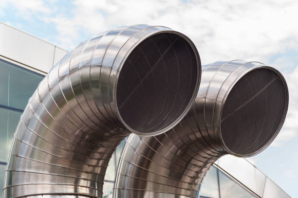 istock Stainless steel pipes. Air exchange ducts, underground constructions. 1066276776