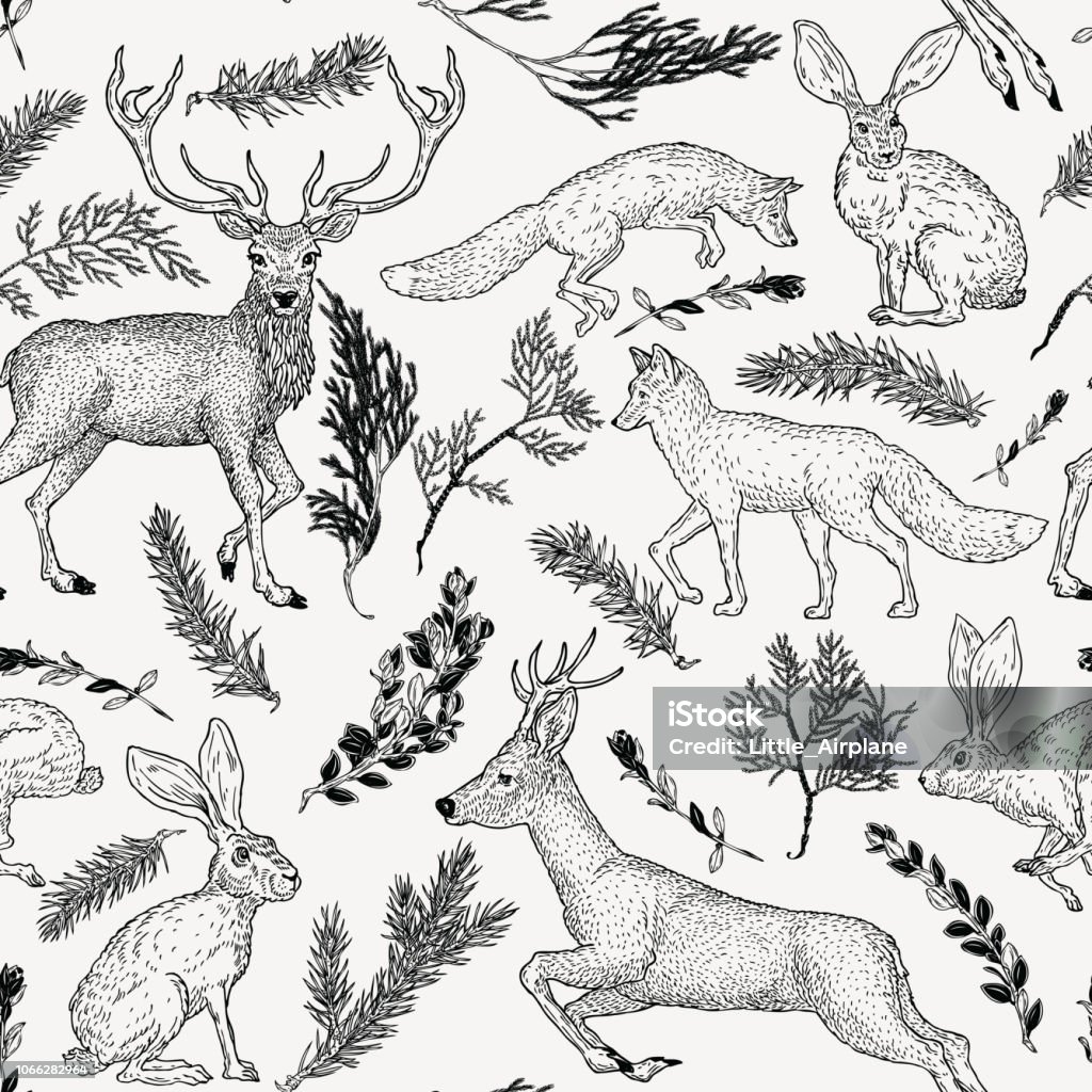 Winter seamless pattern with deer, fox, hare and evergreen plants in vintage style. Hand drawn decoration for paper, textile, wrapping decoration, scrap-booking, t-shirt, cards. Animal stock vector