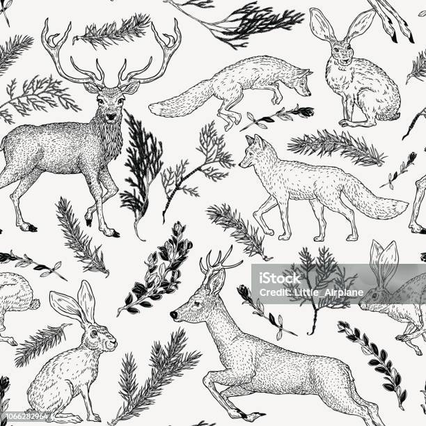Winter Seamless Pattern With Deer Fox Hare And Evergreen Plants In Vintage Style Hand Drawn Decoration For Paper Textile Wrapping Decoration Scrapbooking Tshirt Cards Stock Illustration - Download Image Now