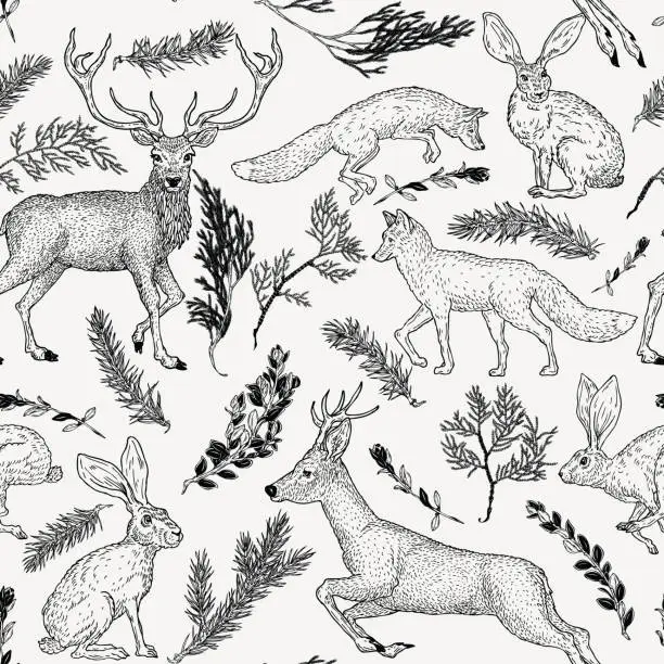 Vector illustration of Winter seamless pattern with deer, fox, hare and evergreen plants in vintage style. Hand drawn decoration for paper, textile, wrapping decoration, scrap-booking, t-shirt, cards.