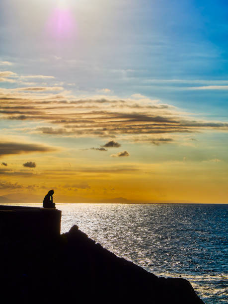 Silhouette of a pensive woman sitting on a wall facing a twilight background.
