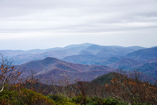 Scenic view from the top of Brasstown Bald Mountain of the surrounding Blue Ridge Mountains that are part of the Appalachian Mountains are stunning even on an overcast day.